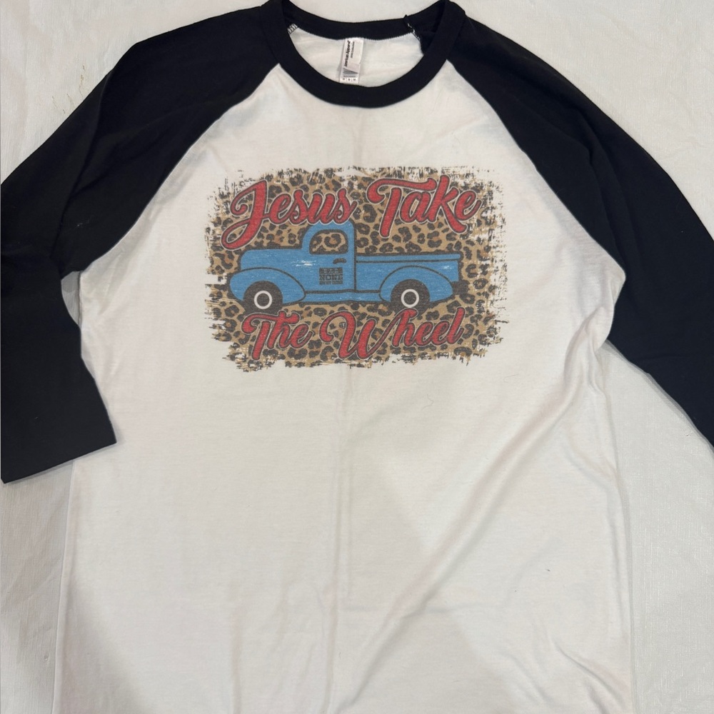 Jesus Take The Wheel T-Shirt Knit Top White Christian Graphic 3/4 Sleeve Medium